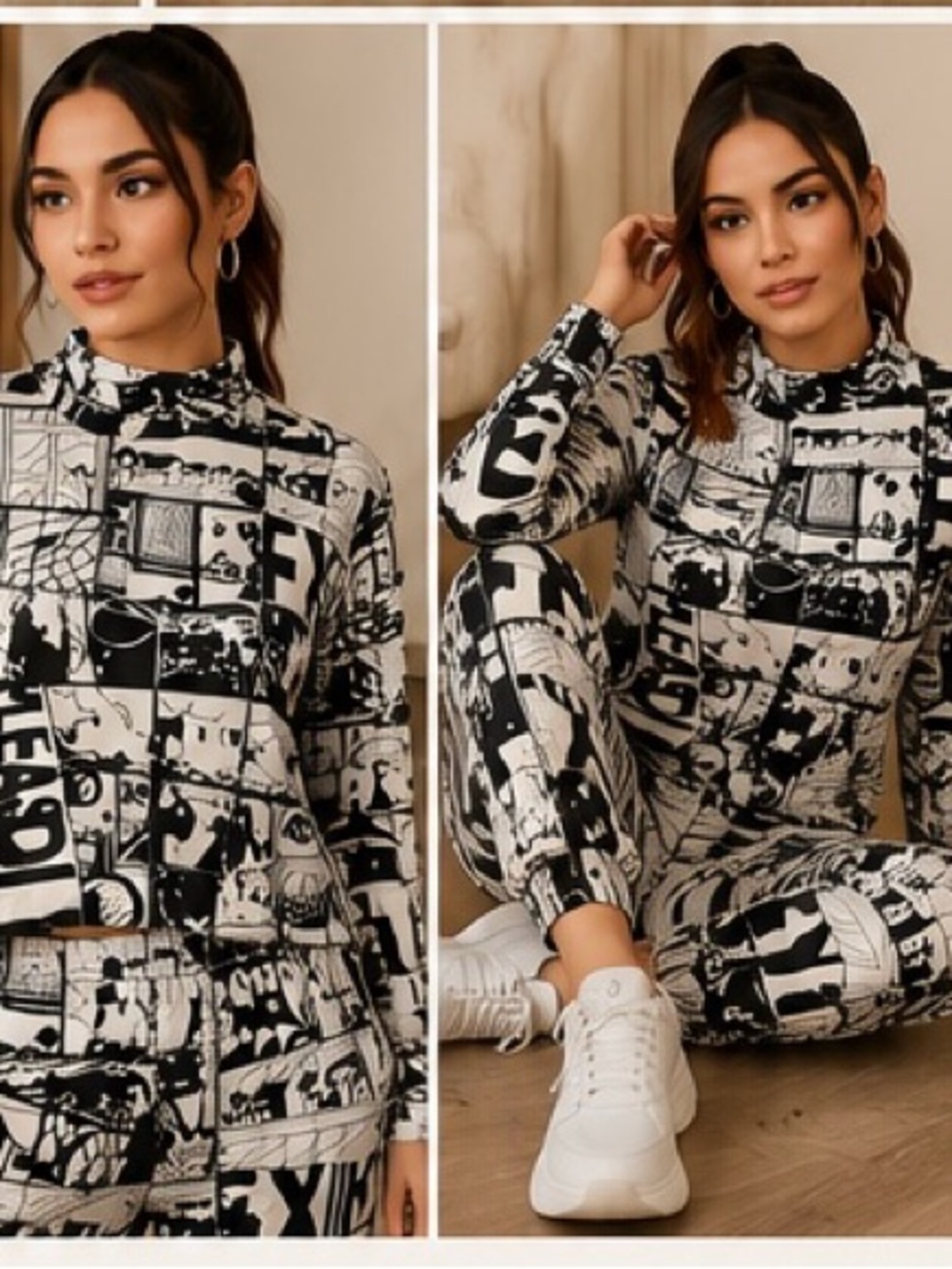 SHEIN Black and White Graphic Print Two-Piece Lounge Set - Picture 3 of 8